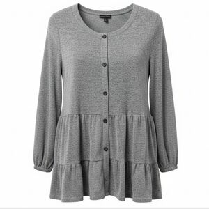 Lane Bryant 14/16 Plus Size Gray Stretch Button Down Comfy Tiered Top